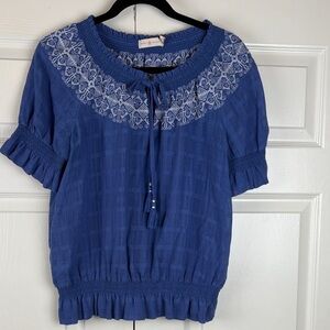 TORY BURCH Nina Blue Short Sleeve 100% Cotton Embroidered Blouse Size Medium